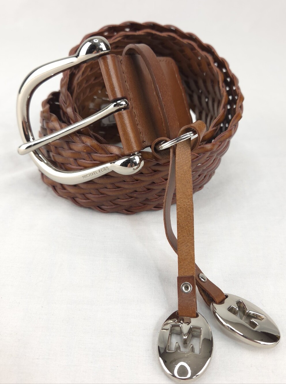 MICHAEL KORS Women's M Wide Woven Leather Belt in Brown with Silver Buckle